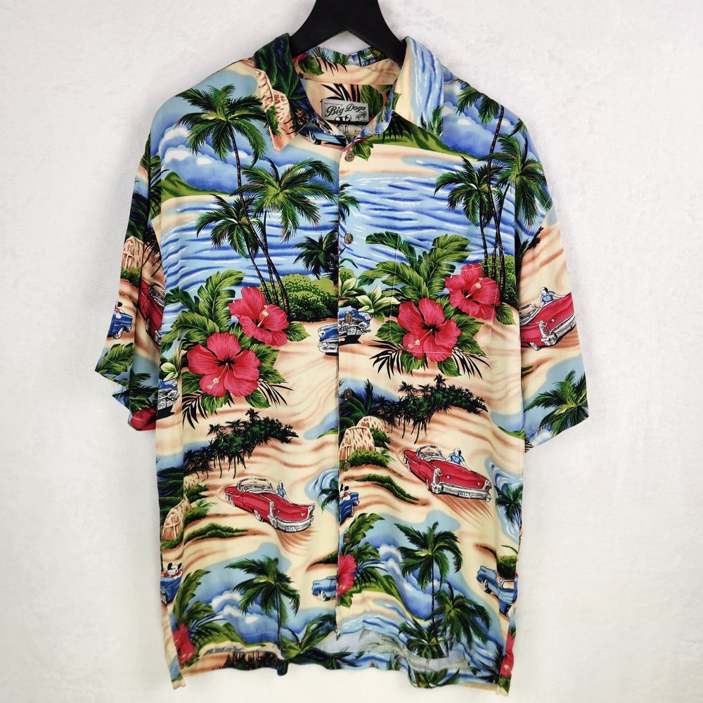 Big Dogs Button Down Shirt Mens S/M Multicolor Tropical Beach Classic Car Rayon